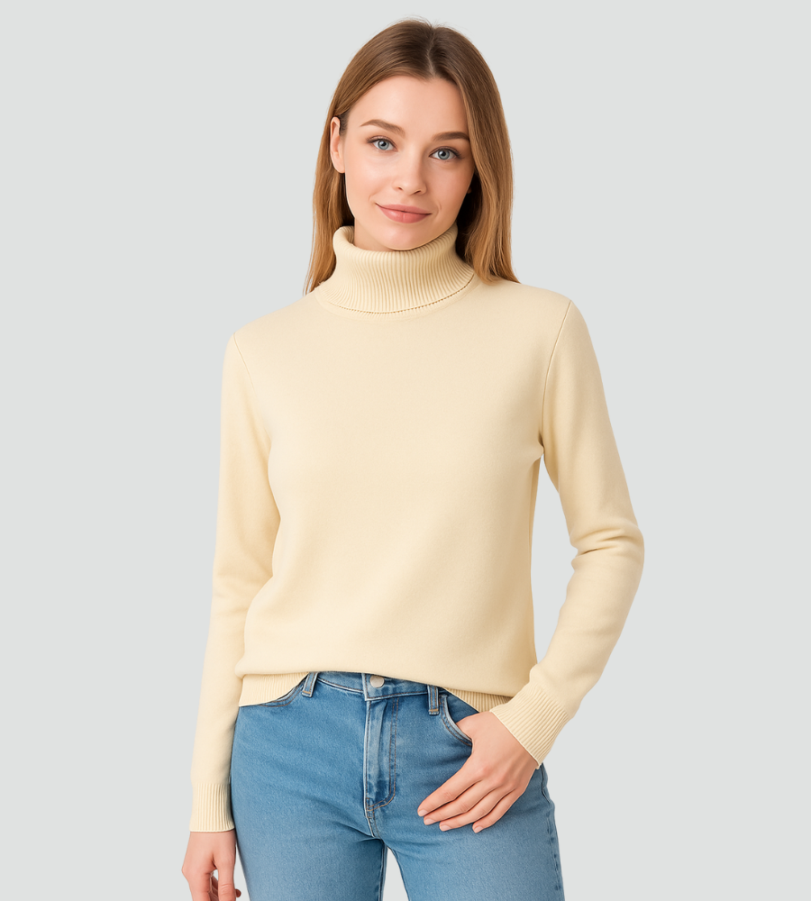 Klasyczny golf damski dopasowany sweter basic – Beżowy