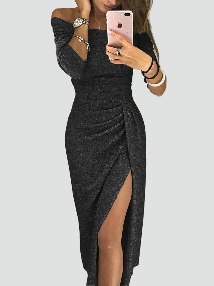 Robe de cocktail midi en brocart pour femme avec fente