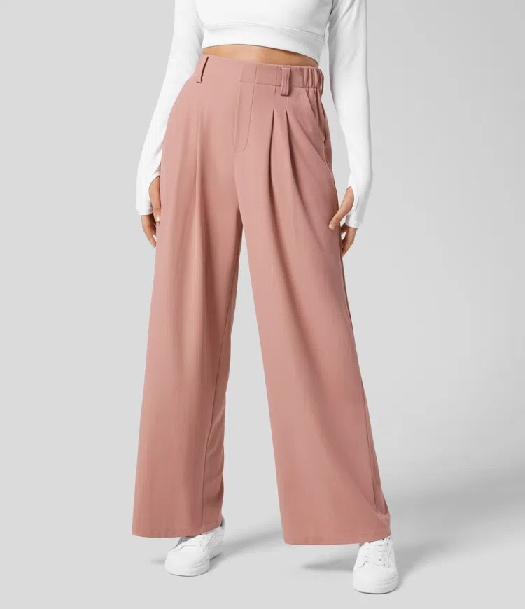 Pantalon féminin élégant et extensible à jambes larges avec taille haute