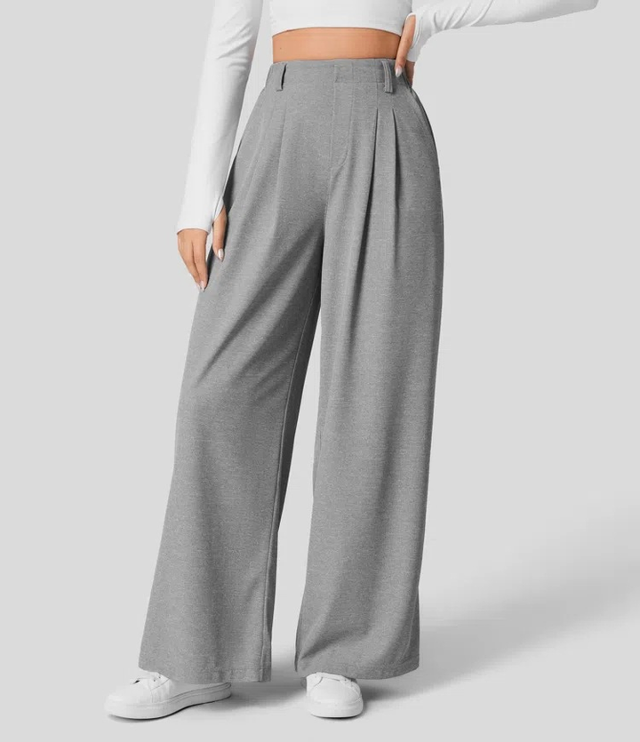 Pantalon féminin élégant et extensible à jambes larges avec taille haute