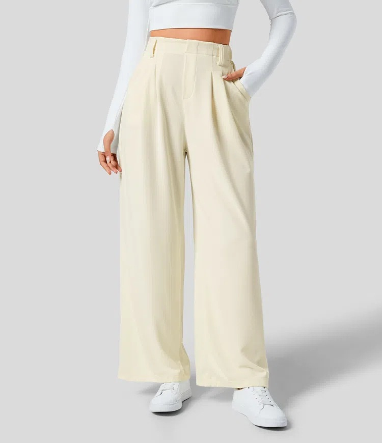 Pantalon féminin élégant et extensible à jambes larges avec taille haute
