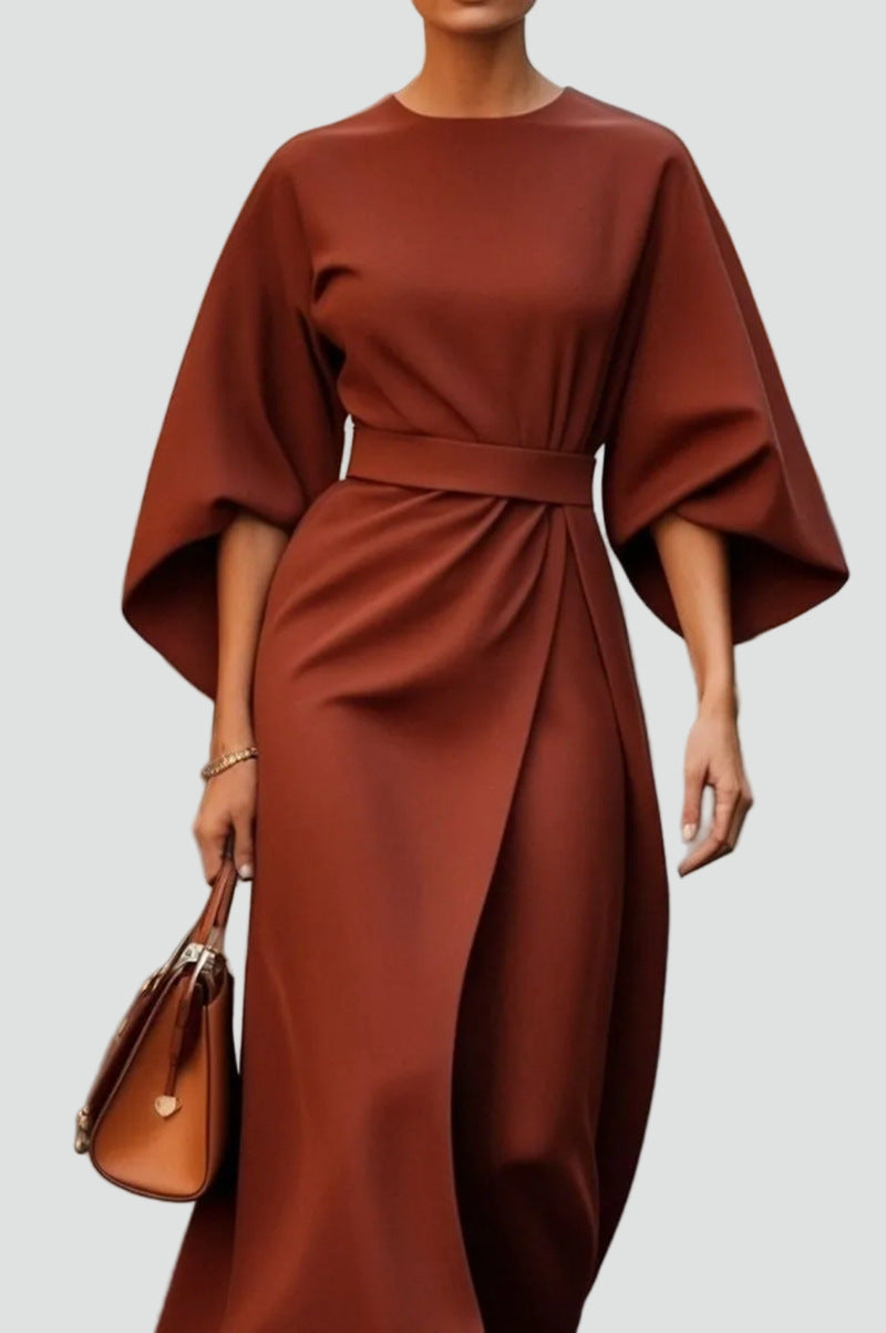 Elegancka sukienka koktajlowa midi damska z paskiem – Brązowo-rudy