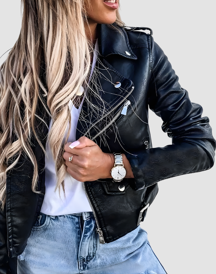 Dames leren jas in motorrijdersstijl met ritsen