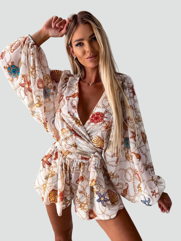Zomerse damesovergooier boho met bloemen, overslag en lange mouwen