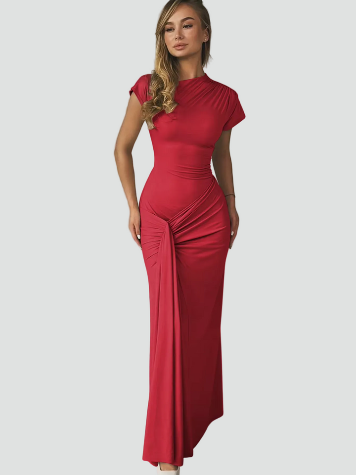 Robe maxi de soirée ajustée avec fronces et manches courtes
