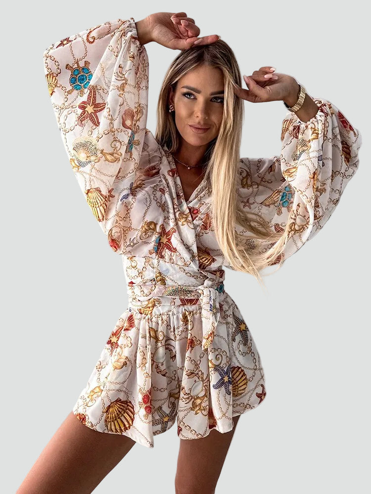 Zomerse damesovergooier boho met bloemen, overslag en lange mouwen