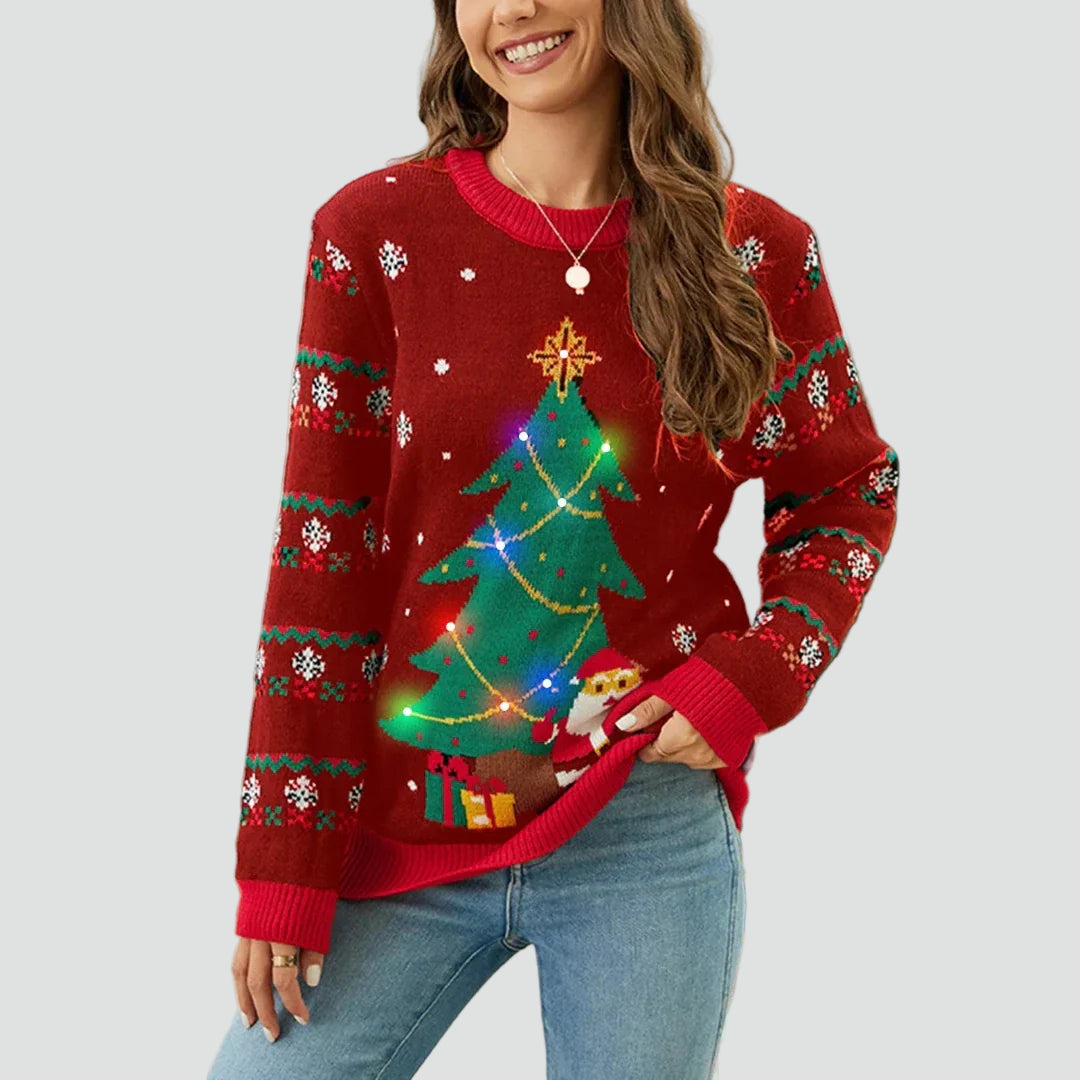 Pull de Noël lumineux à LED pour femme avec un sapin et le Père Noël