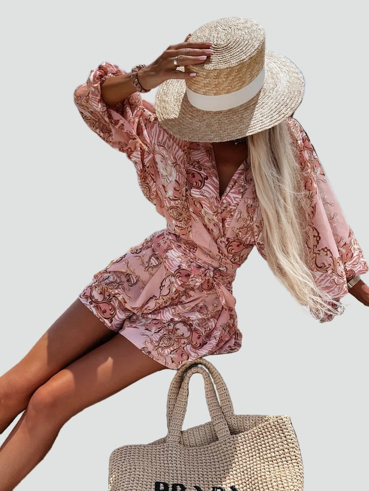 Zomerse damesovergooier boho met bloemen, overslag en lange mouwen