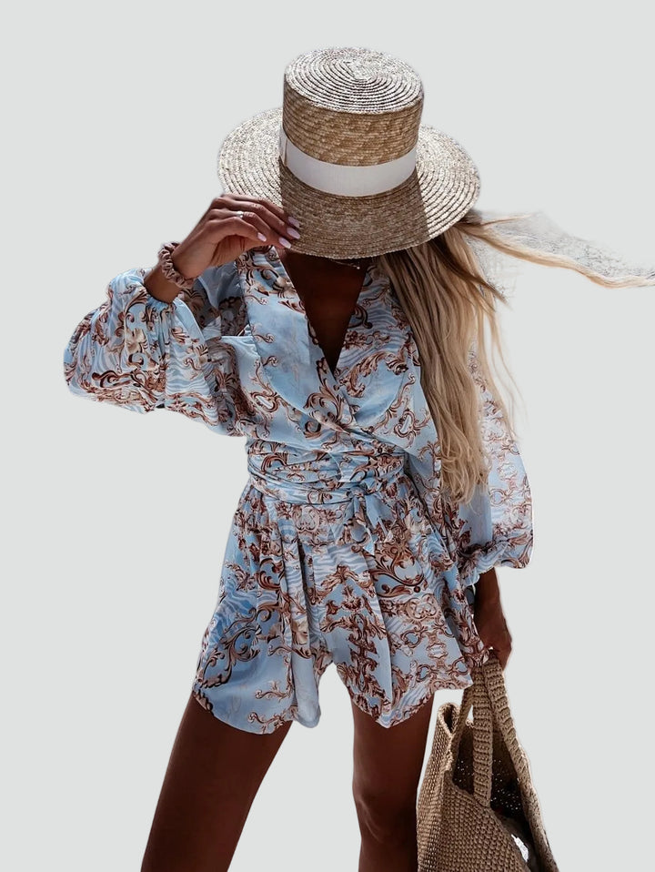 Zomerse damesovergooier boho met bloemen, overslag en lange mouwen