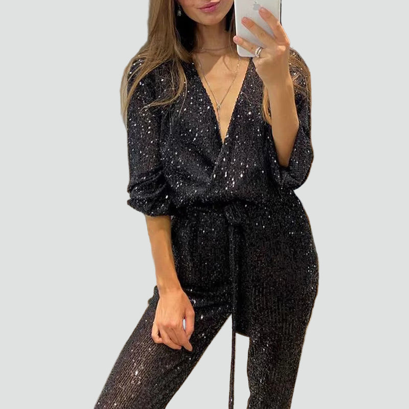Combinaison de fête en brocart pour femme avec ceinture