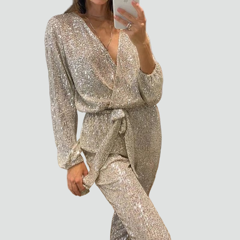 Combinaison de fête en brocart pour femme avec ceinture