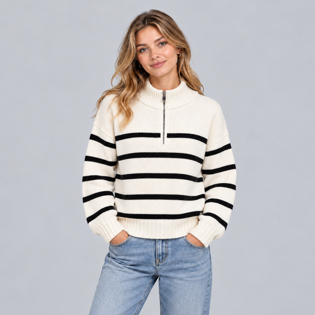 Pull chaud rayé pour femme à col roulé zippé