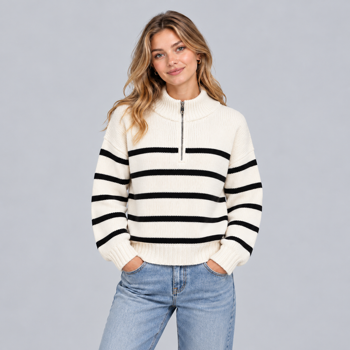 Pull chaud rayé pour femme à col roulé zippé