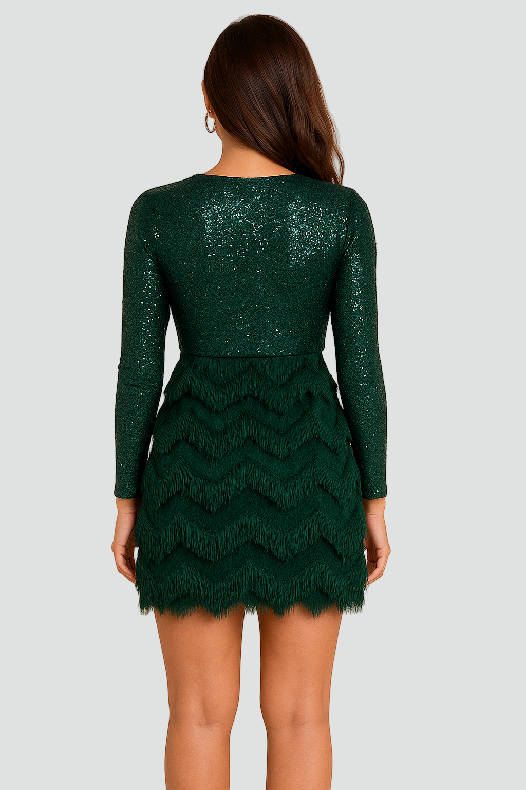 Sukienka koktajlowa mini bodycon z błyszczącą górą i frędzelkową spódnicą