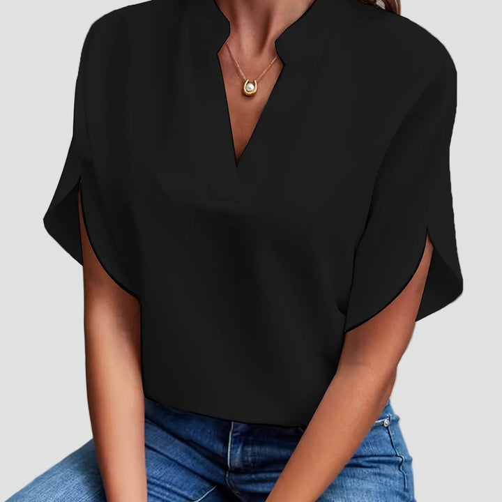 Dames elegante blouse met opstaande kraag en V-hals met vlindermouw