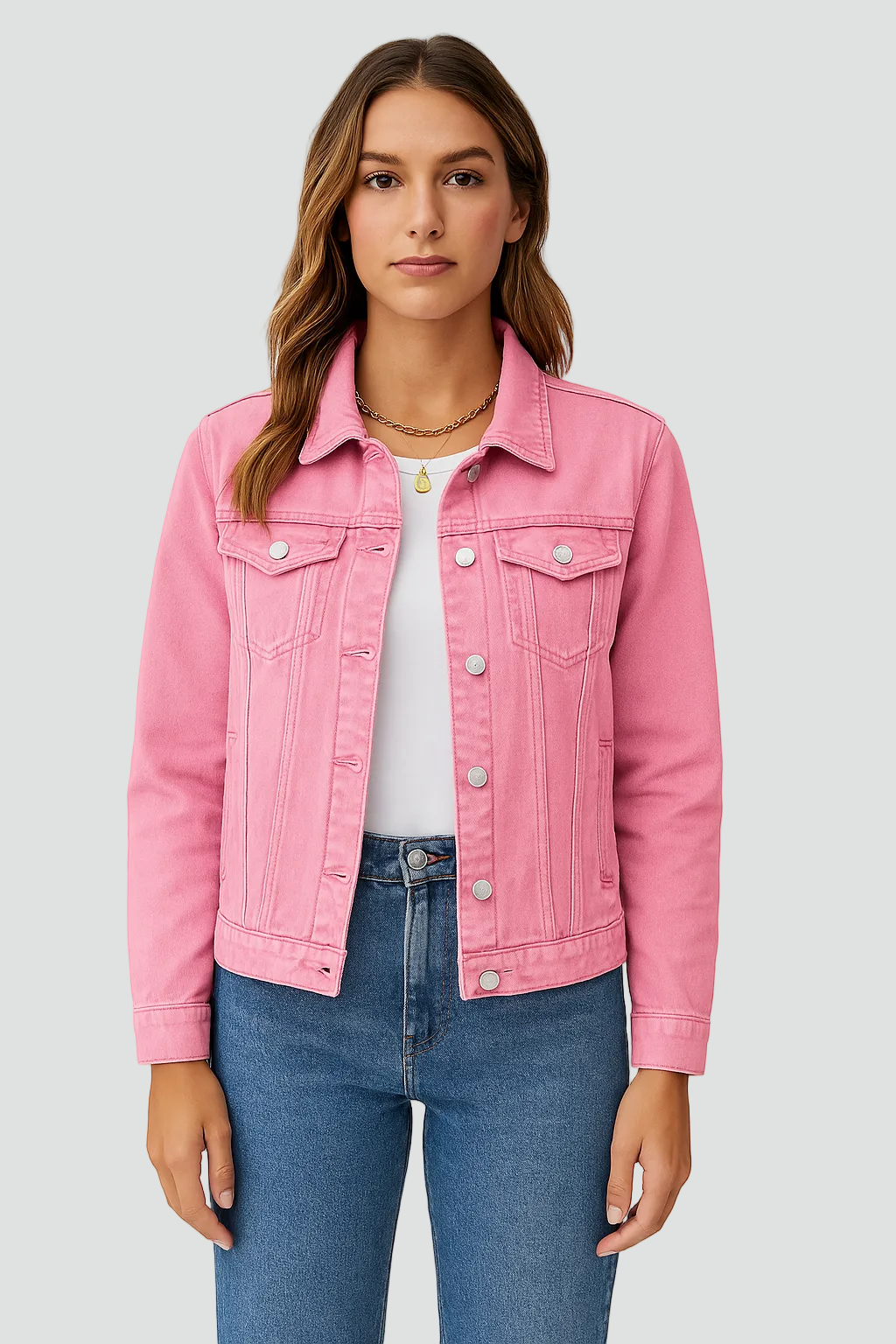 Kurtka jeans look z guzikami i kieszeniami damska – Różowy