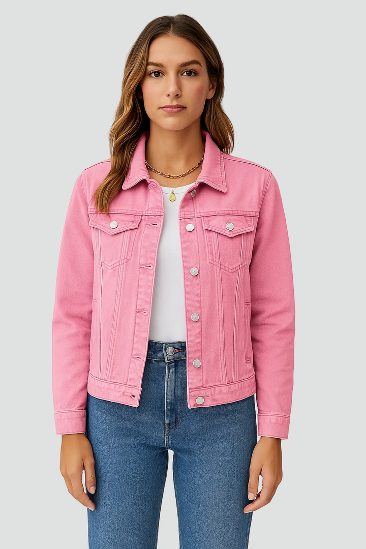 Kurtka jeans look z guzikami i kieszeniami damska – Różowy