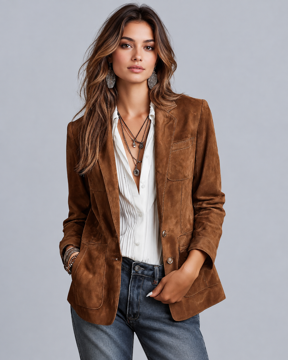 Veste de tailleur pour femme, style daim, boutonnée, avec revers, pour le bureau