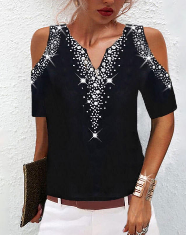 Trendy damestop met V-hals en glitterpatroon