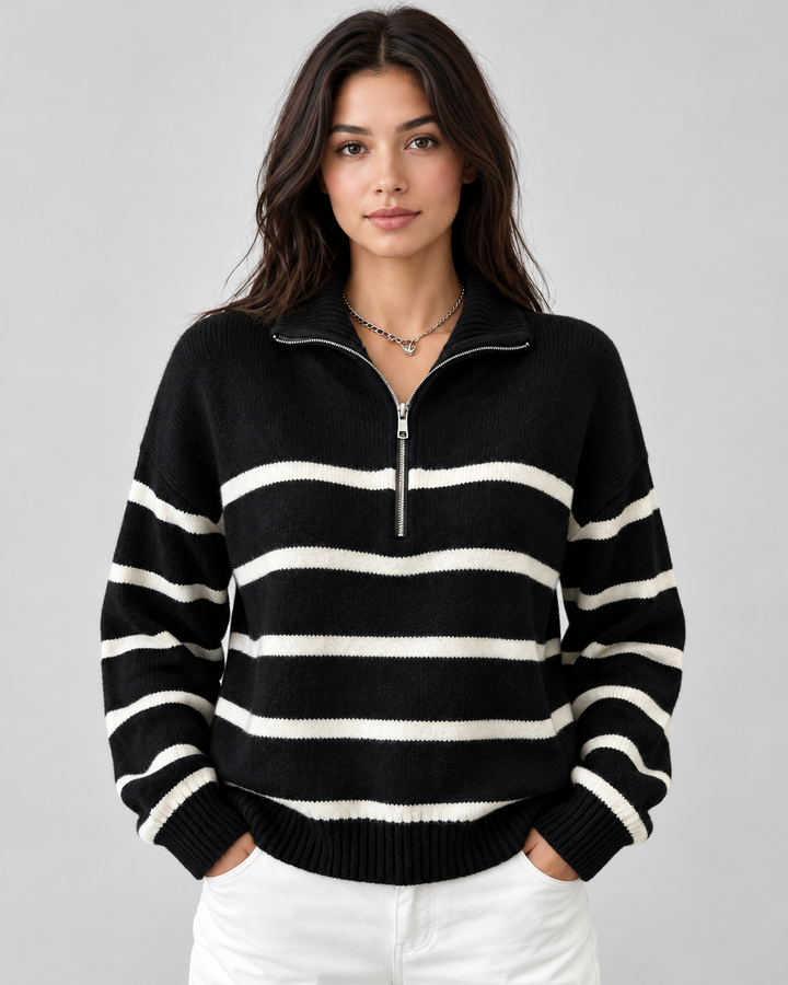Pull chaud rayé pour femme à col roulé zippé