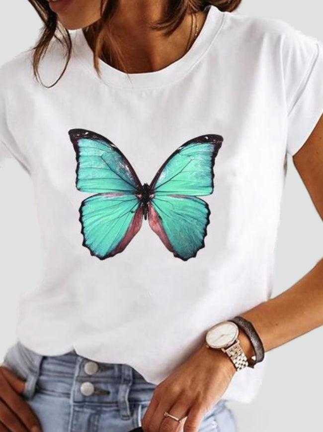 Casual style damski z modnym nadrukiem na damskiej koszulce – Motyl