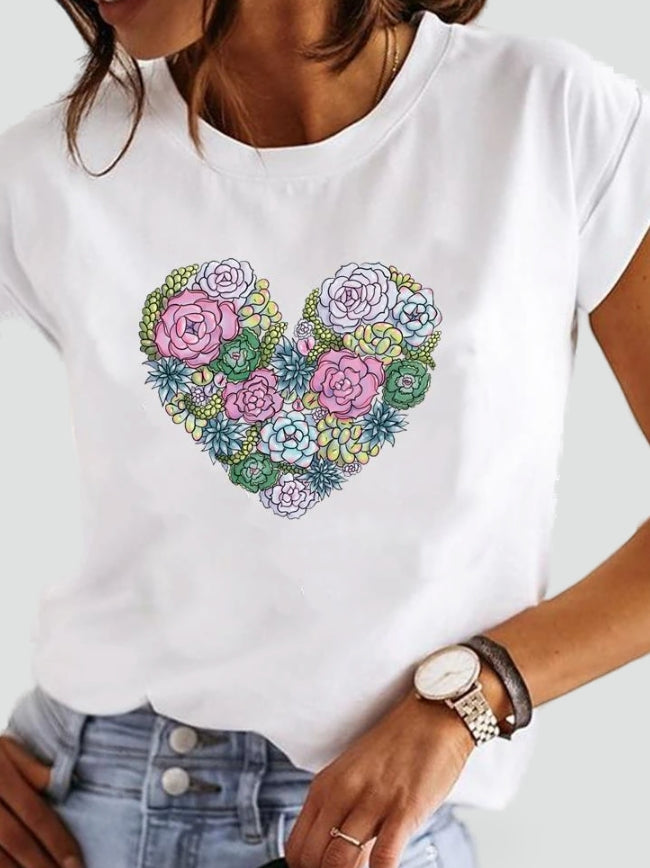 Casual style damski z modnym nadrukiem na damskiej koszulce – Serce