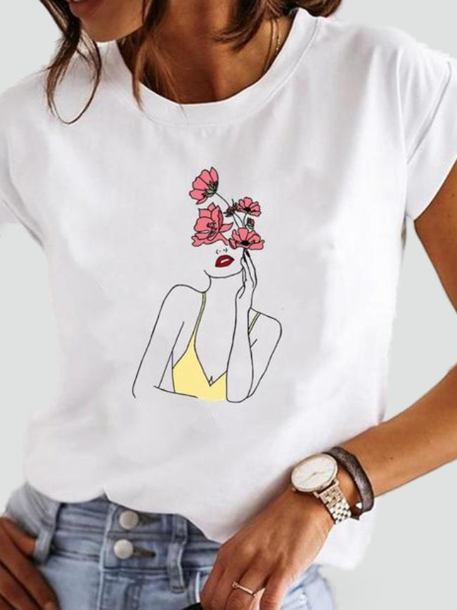 Casual style damski z modnym nadrukiem na damskiej koszulce – Kwiatowa Kobieta