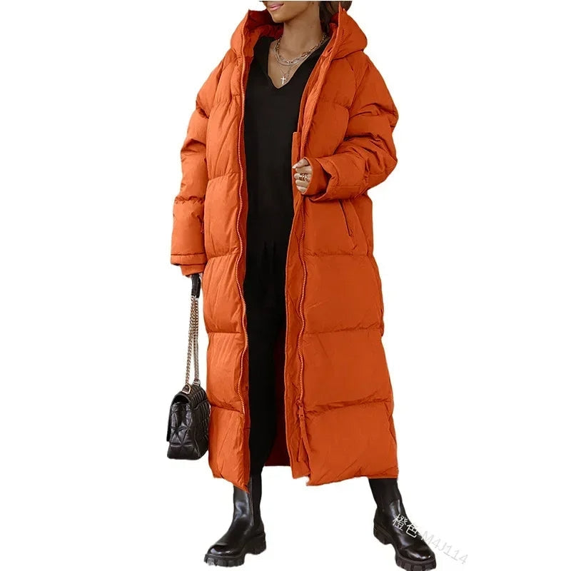Warme maxi-donsjas voor dames, tot aan de enkels, met capuchon