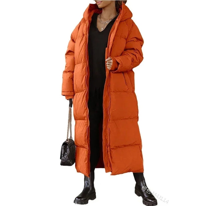 Warme maxi-donsjas voor dames, tot aan de enkels, met capuchon