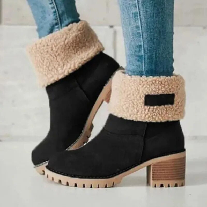 Bottines chaudes femme d’hiver à talon bloc avec revers en fourrure