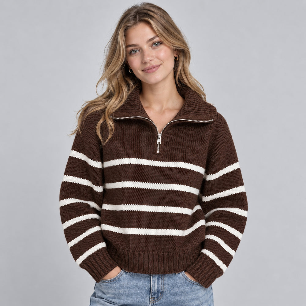 Pull chaud rayé pour femme à col roulé zippé