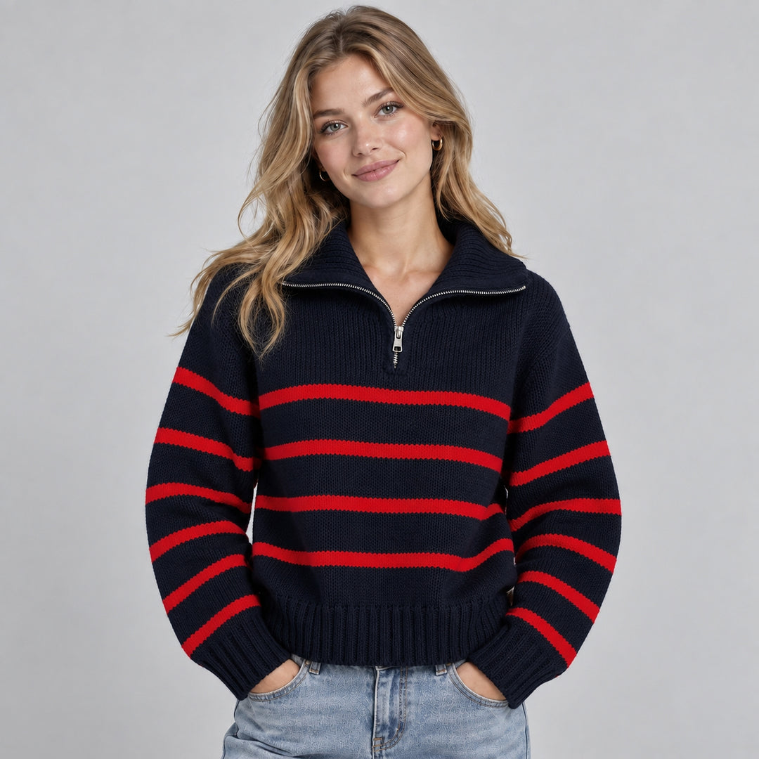 Pull chaud rayé pour femme à col roulé zippé