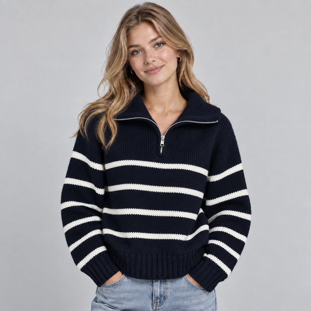 Pull chaud rayé pour femme à col roulé zippé