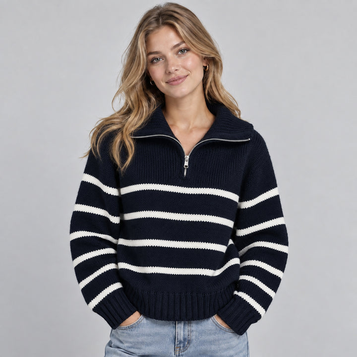 Pull chaud rayé pour femme à col roulé zippé