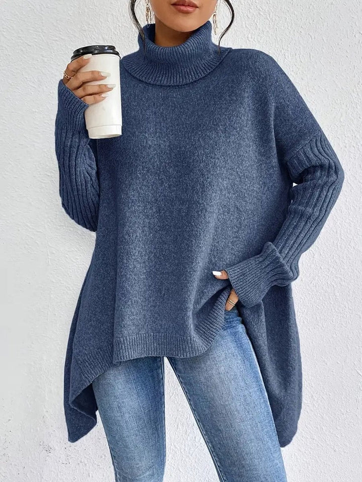 Pull chaud oversize pour femme à col roulé, avec dos allongé