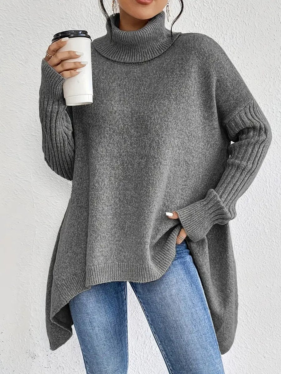 Pull chaud oversize pour femme à col roulé, avec dos allongé