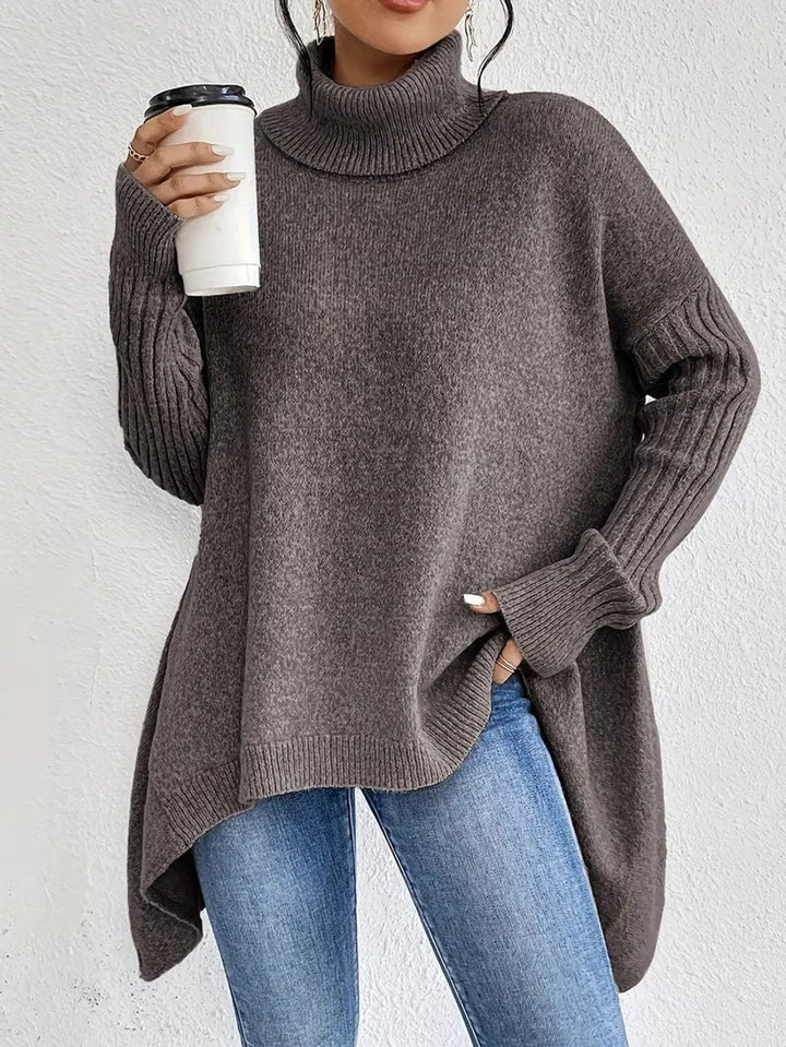 Pull chaud oversize pour femme à col roulé, avec dos allongé