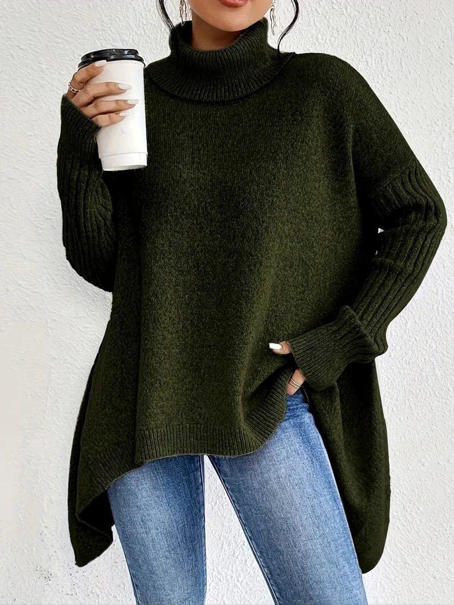 Pull chaud oversize pour femme à col roulé, avec dos allongé