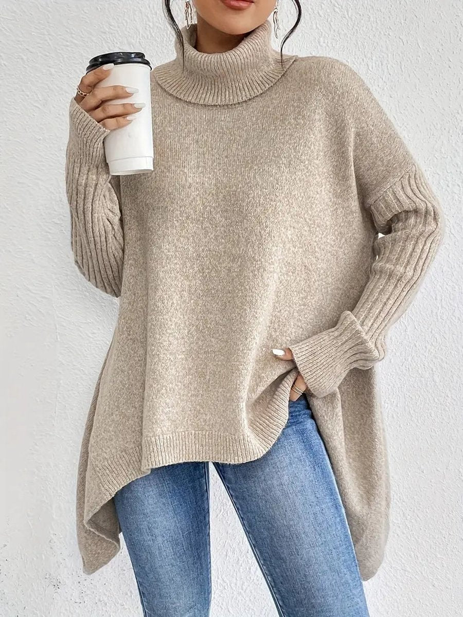 Pull chaud oversize pour femme à col roulé, avec dos allongé