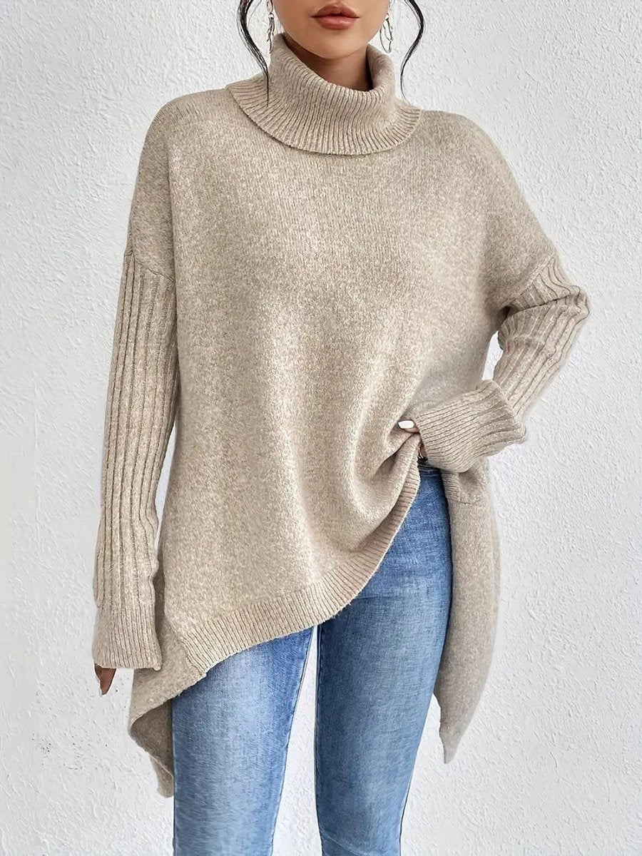 Pull chaud oversize pour femme à col roulé, avec dos allongé