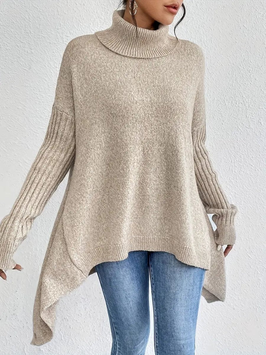 Pull chaud oversize pour femme à col roulé, avec dos allongé