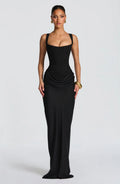 Robe maxi noire corsetée avec dos nu