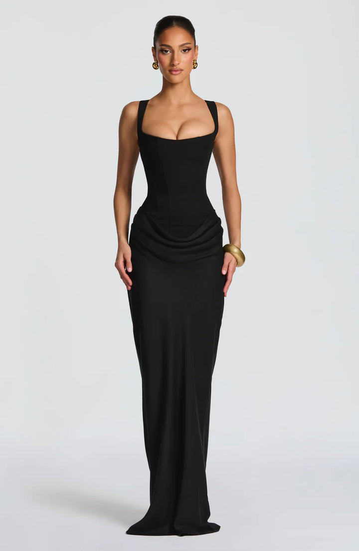 Robe maxi noire corsetée avec dos nu