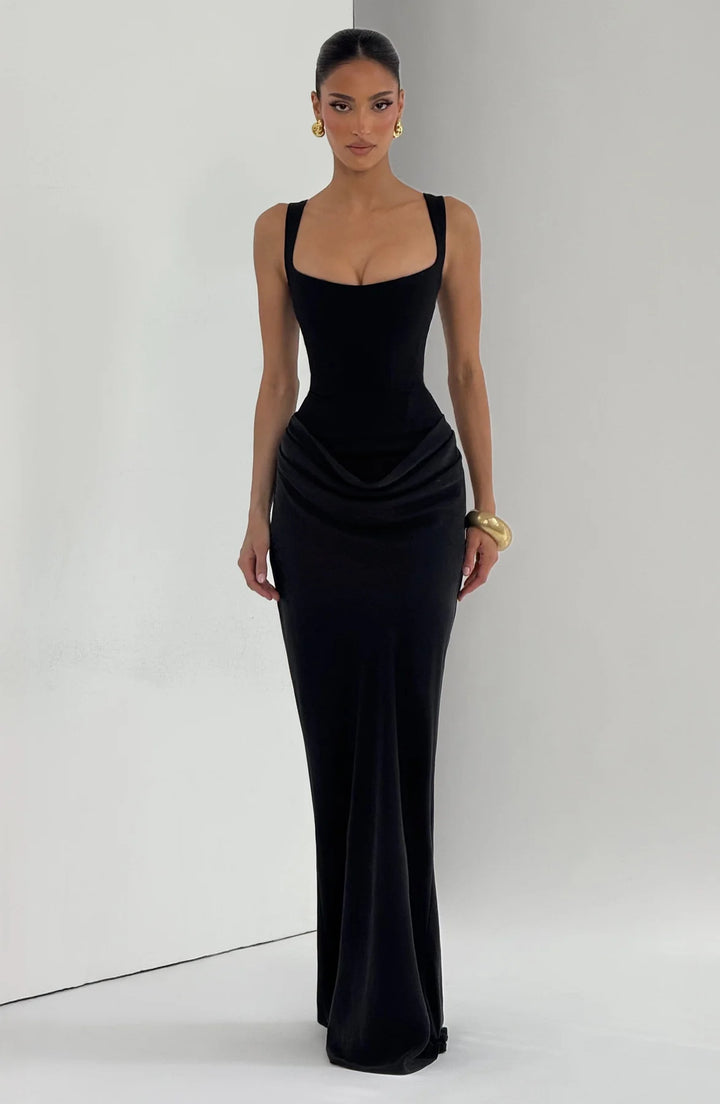 Robe maxi noire corsetée avec dos nu