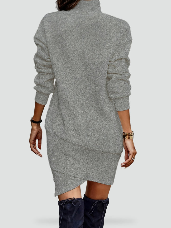 Knitted mini dress with a turtleneck and an asymmetrical hemline