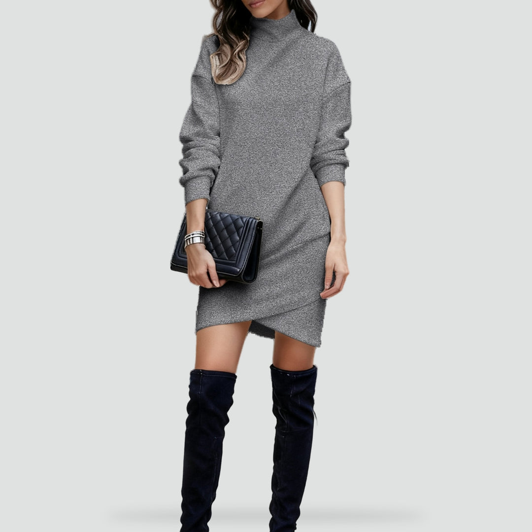 Knitted mini dress with a turtleneck and an asymmetrical hemline