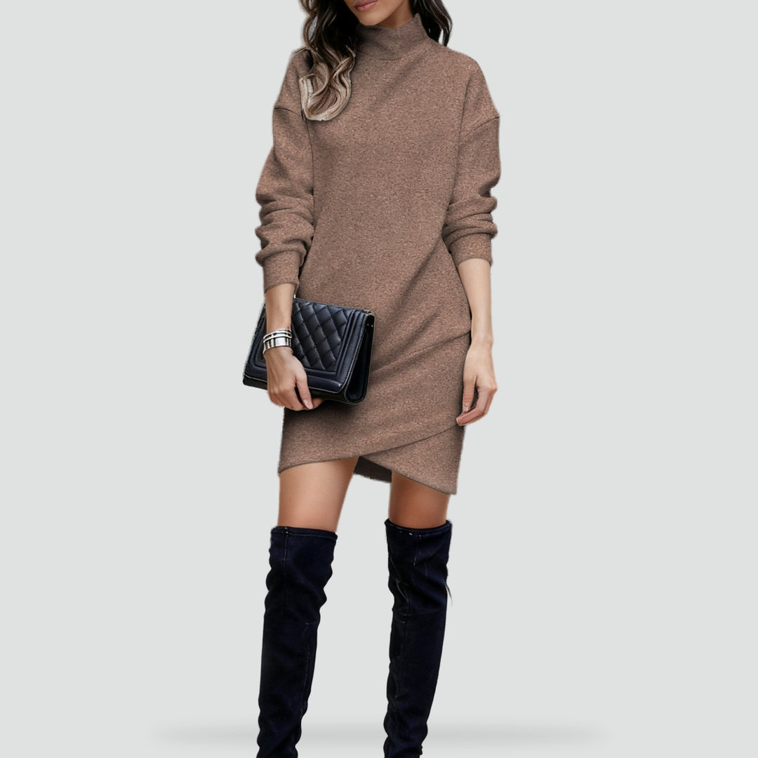 Knitted mini dress with a turtleneck and an asymmetrical hemline