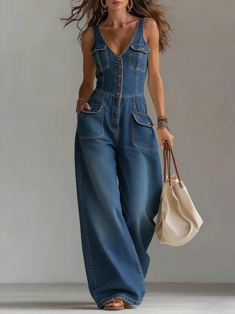 Combinaison en jean pour femme à jambes larges et poches