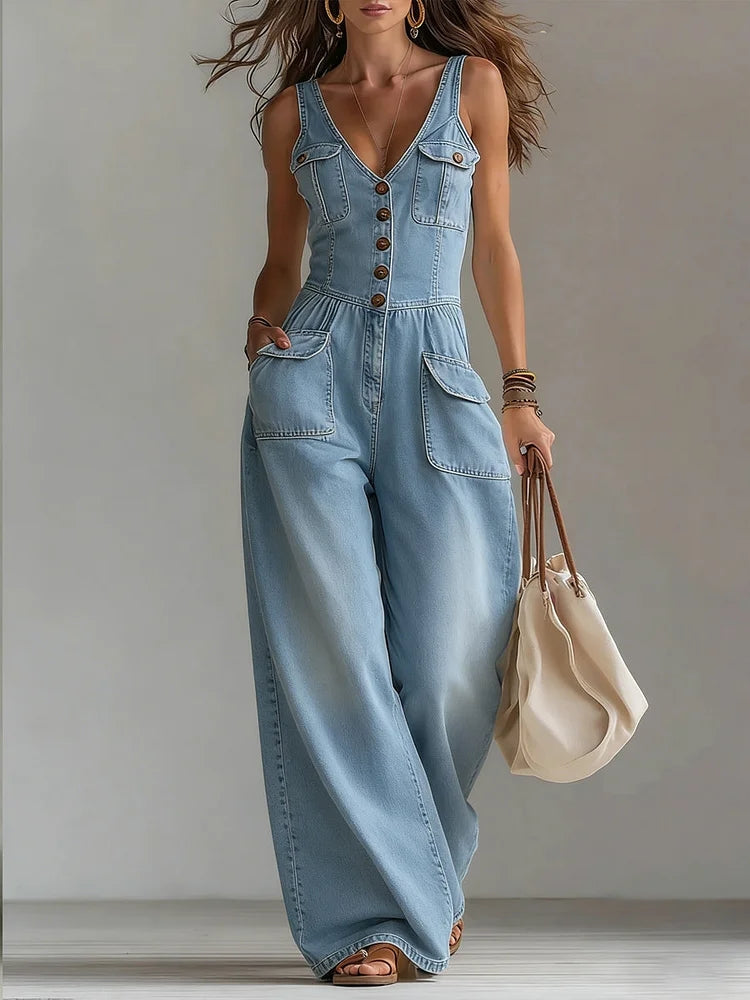 Combinaison en jean pour femme à jambes larges et poches