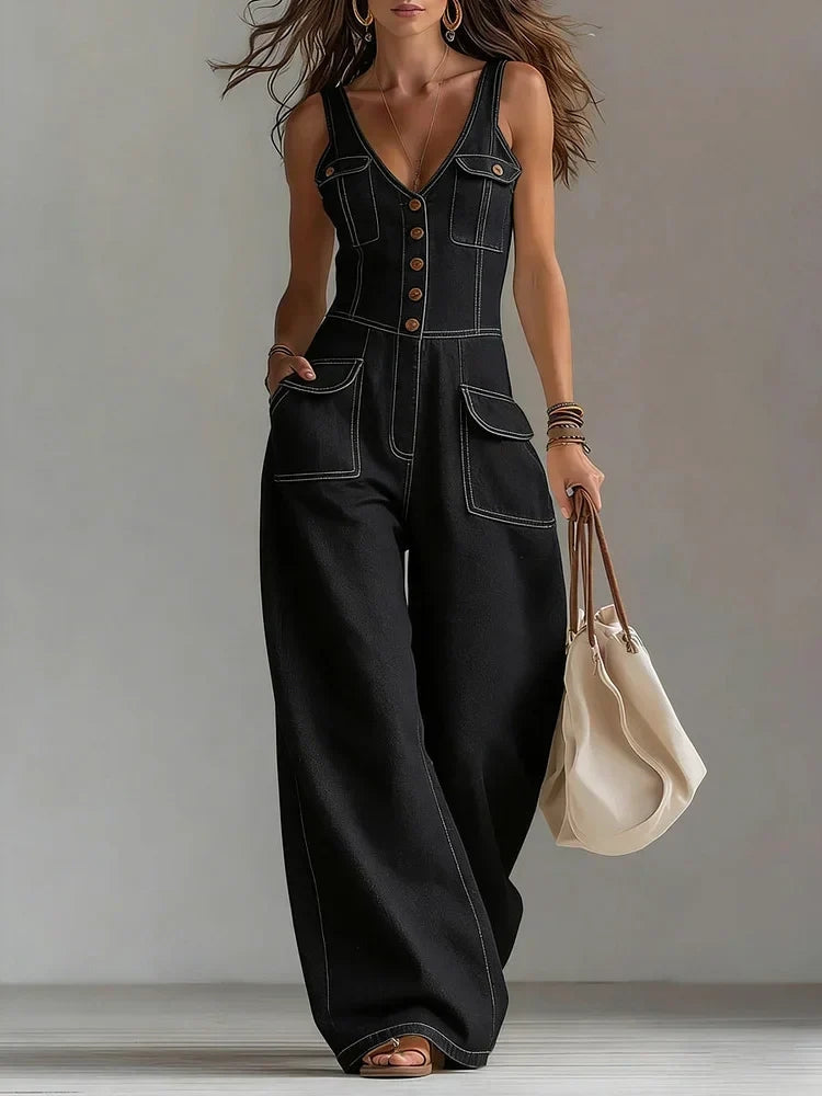 Combinaison en jean pour femme à jambes larges et poches